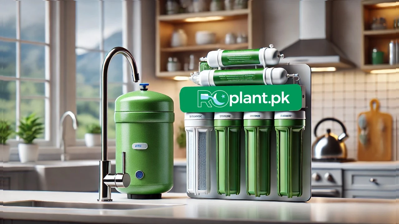 Upgrade Your Kitchen with a Domistic RO Water Filter from roplant.pk Reverse osmosis water filtration system with "roplant.pk" in a modern kitchen.