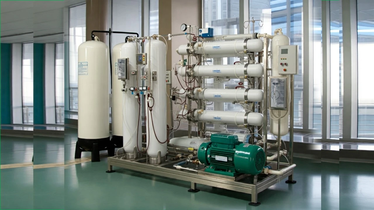 Dialysis Plant Advanced Water Filtration System A large dialysis water filtration system with tanks, pipes, and filters.