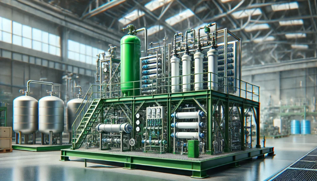 A large industrial water treatment plant with tanks, pipes, and filters.